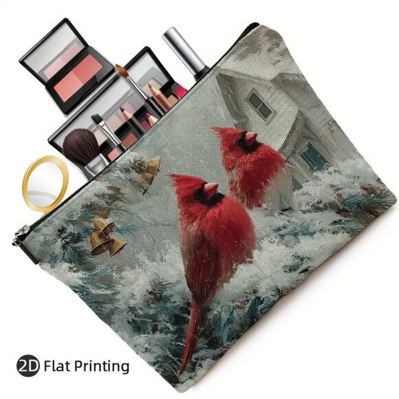 Handbags - Christmas Winter Cardinals & Snowy House Travel Makeup Bag Double Sided Printed